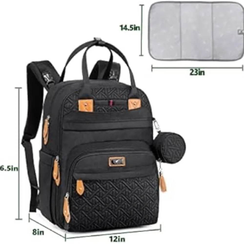 Leleblum Black Quilted Diaper Bag Backpack Travel Laptop‎ Bag Pacifier Pouch